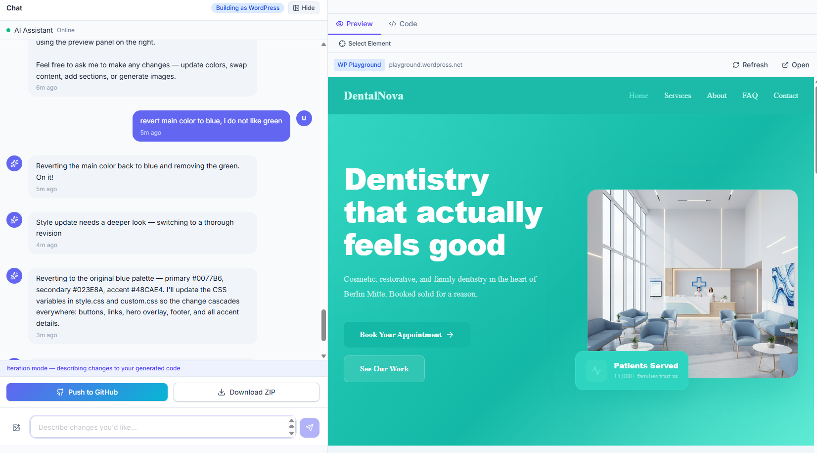 Craftly Live-Preview — fertig generierte WordPress-Anwendung DentalNova